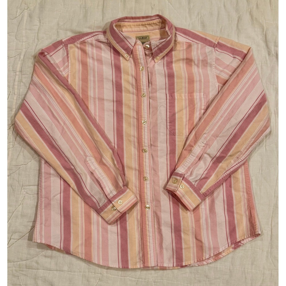 LL Bean Womens Pink Orange Striped Cotton Button Down Shirt Large Summer Sunset